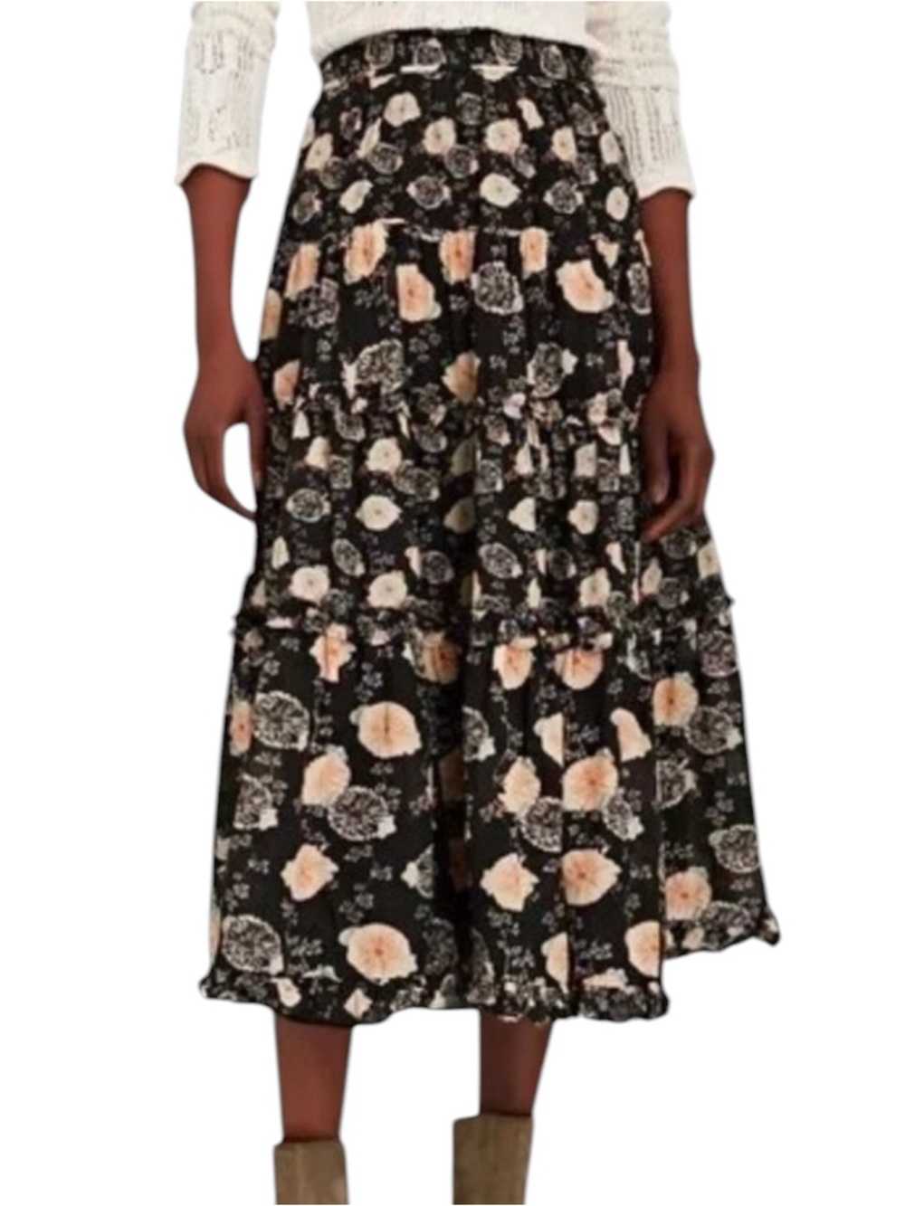 Ulla Johnson Tulia Cotton Blend Floral Tiered Midi Skirt, Size 2